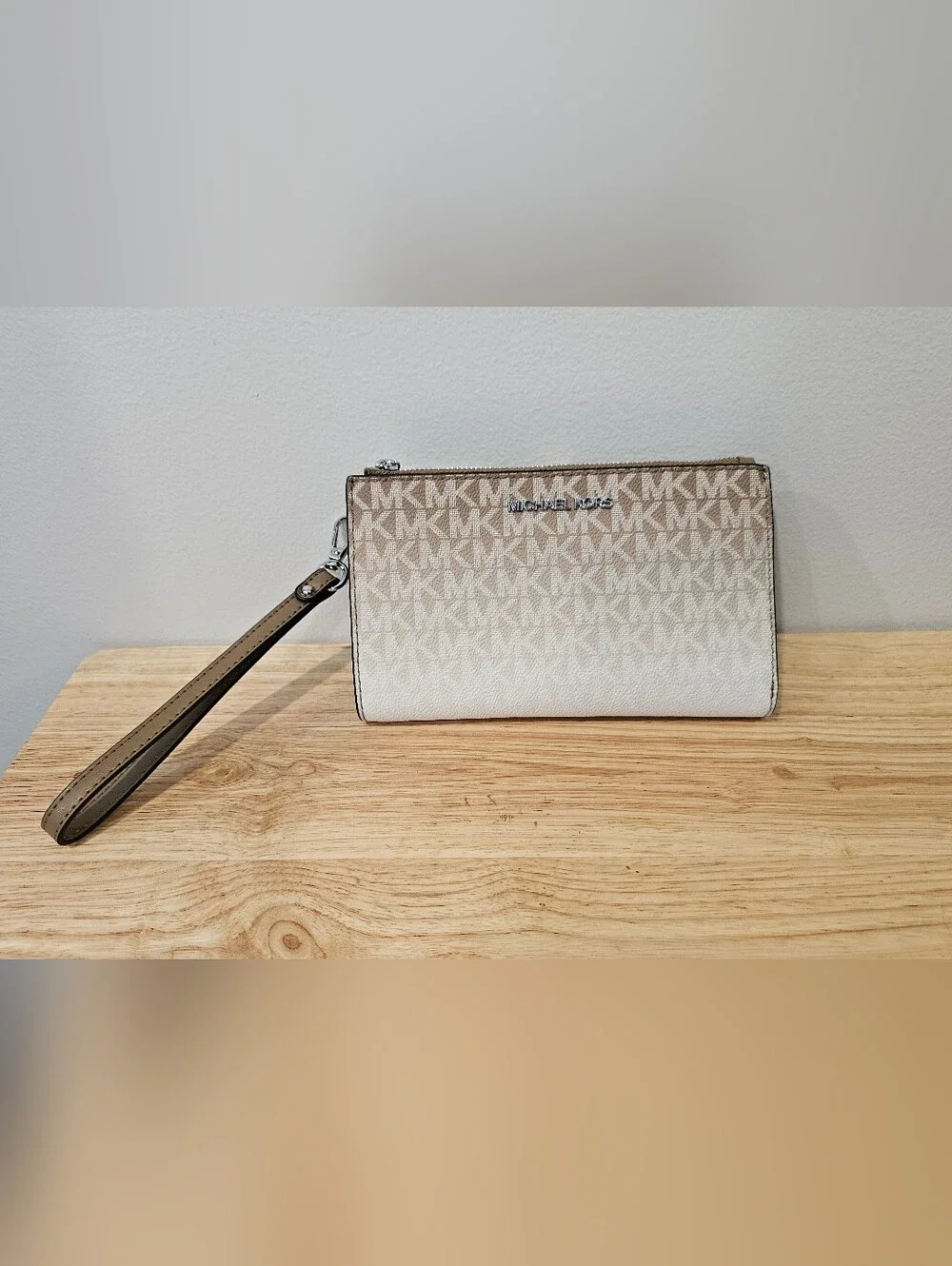 NWT Michael Kors Beige Logo Wristlet Wallet with Brown Trim